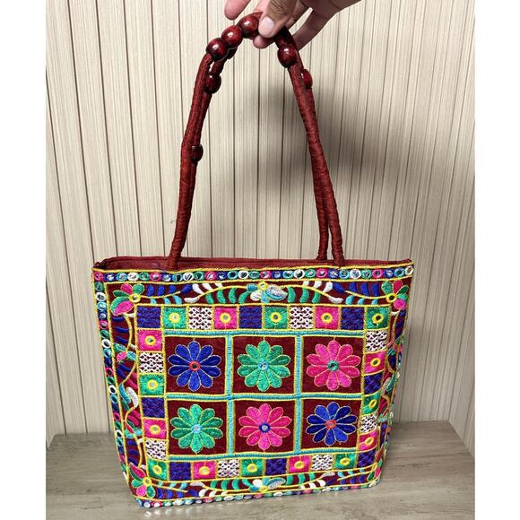 Handbags - Embroidered Floral Tote Bag Red Beaded Handle Boho Shoulder Bag